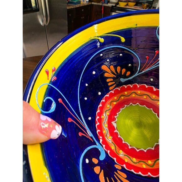 Hand-Painted Ceramic Bowl From Spain With Vibrant Blue Orange & Yellow Patterns - Picture 5 of 14